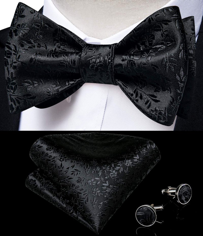 DiBanGu Black Bow Ties for Men Self Tie Bow Tie and Pocket Square Cuffllinks Set Formal Business Wedding - Image 2